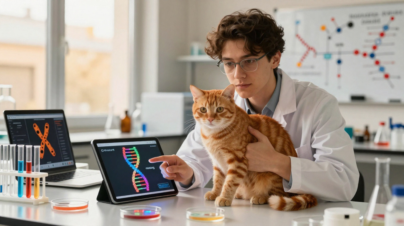 Jovem cientista em laboratório segurando gato enquanto analisa imagens de DNA em tablet e laptop.