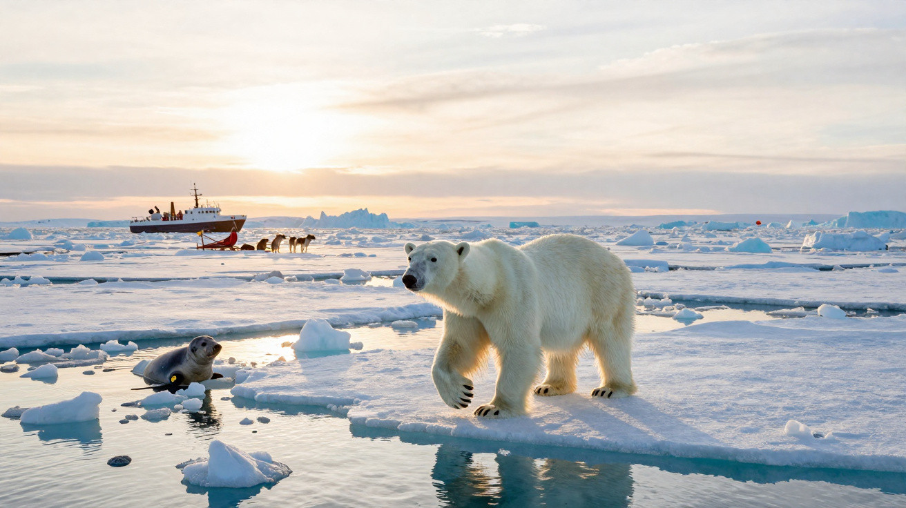 Urso polar sobre bloco de gelo próximo a um selo, com navio e pessoas ao fundo no pôr do sol.