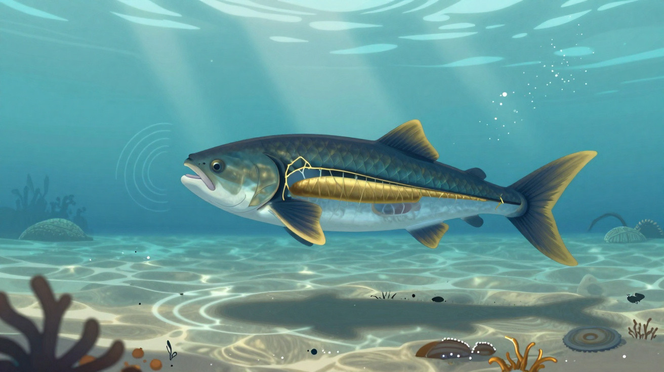 Peixe nadando em ambiente marinho, com destaque para sua estrutura óssea interna visível.