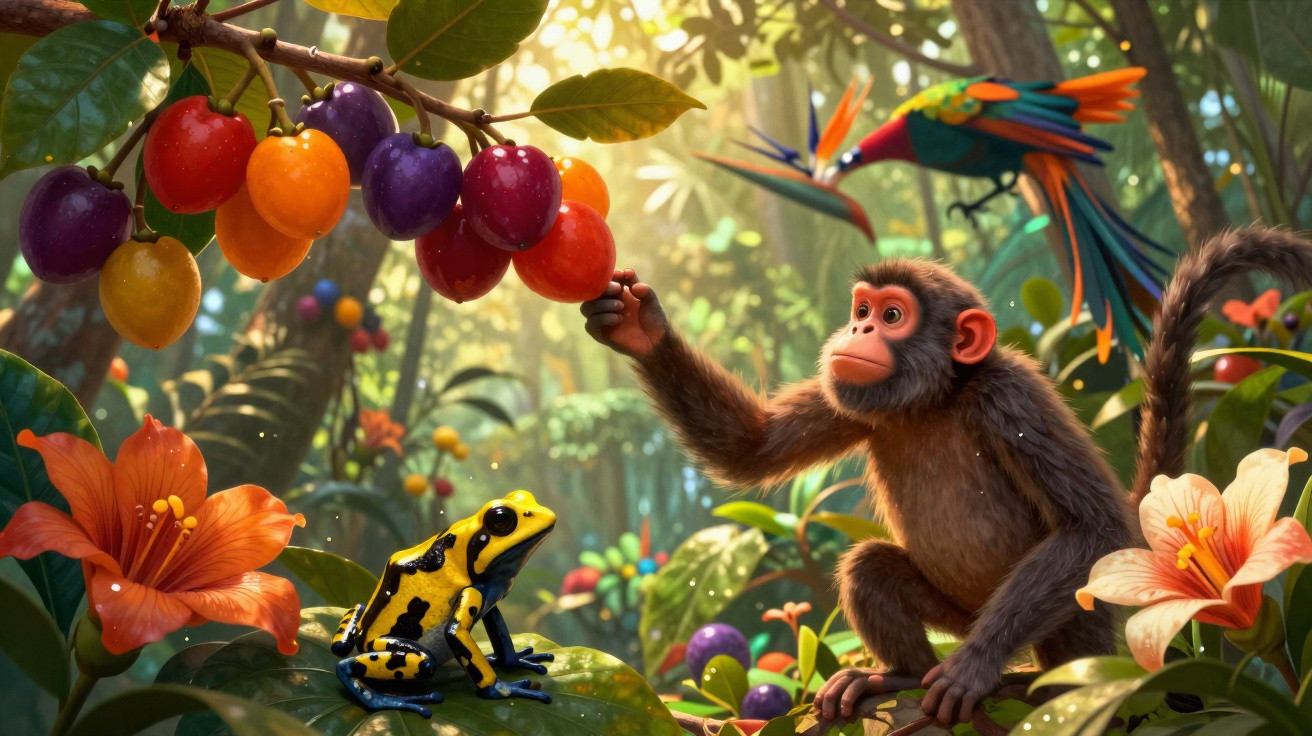 Macaco alcançando frutas coloridas em galho na floresta, com rã amarela e preta e pássaro colorido ao fundo.