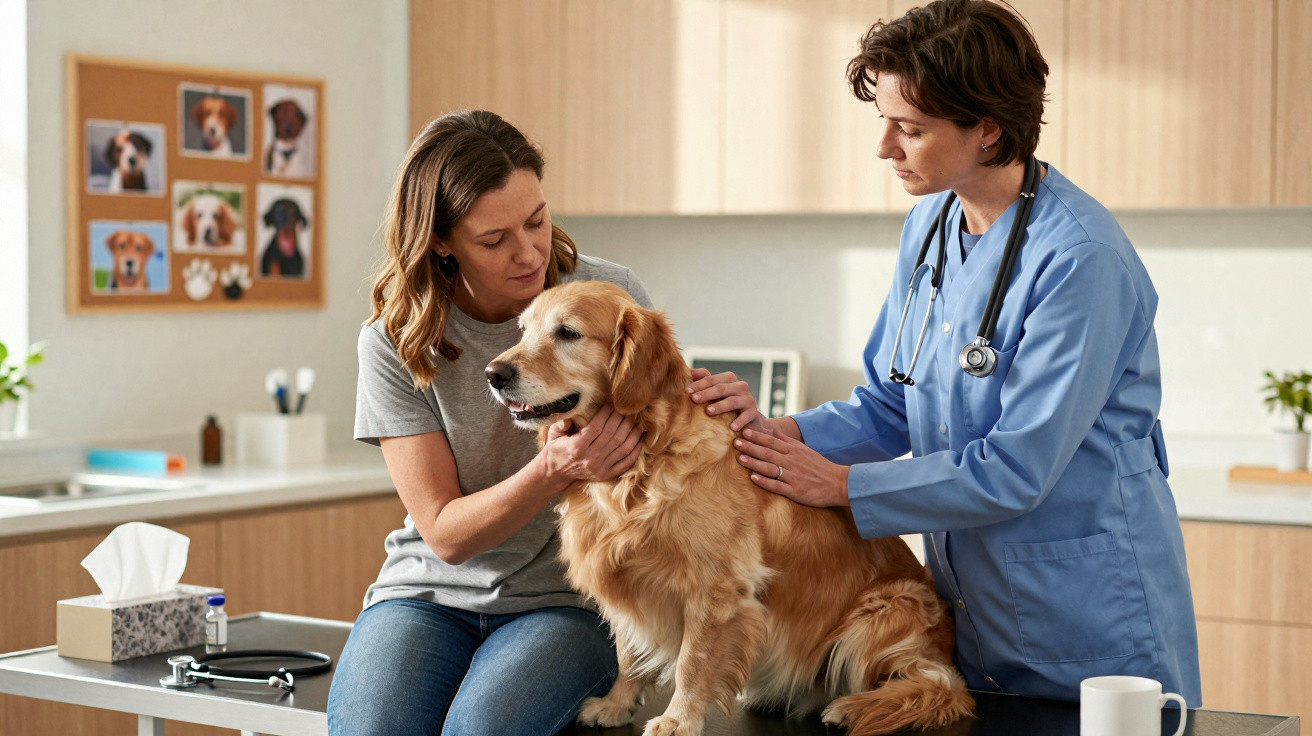 Veterinária examinando um golden retriever enquanto dona o acaricia em clínica veterinária.