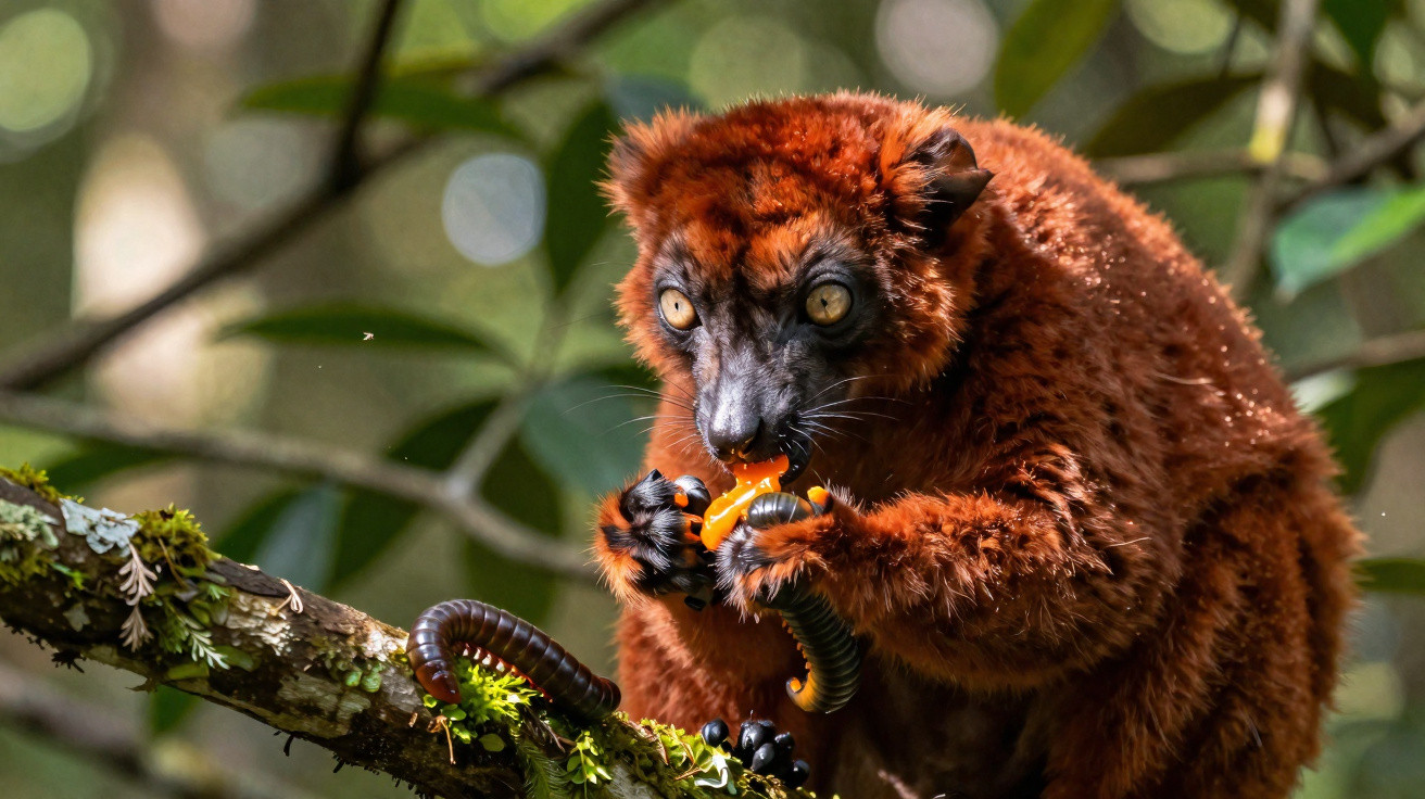 Lêmure de pelo vermelho segurando uma centopeia e comendo na floresta tropical.