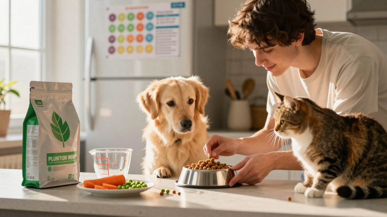 Pessoa alimentando cachorro com ração enquanto gato observa na cozinha iluminada.
