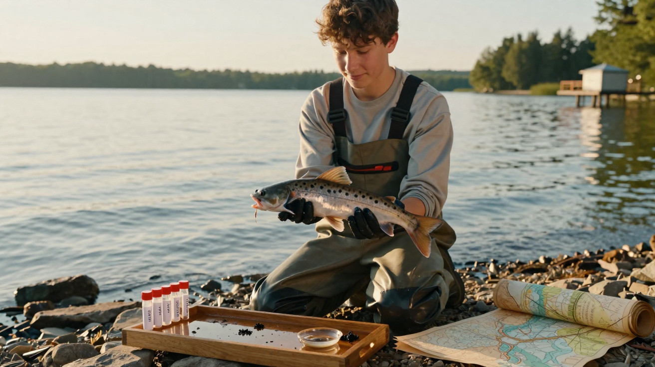 Jovem segura peixe à beira de lago com mapas e amostras de água para estudo ambiental.