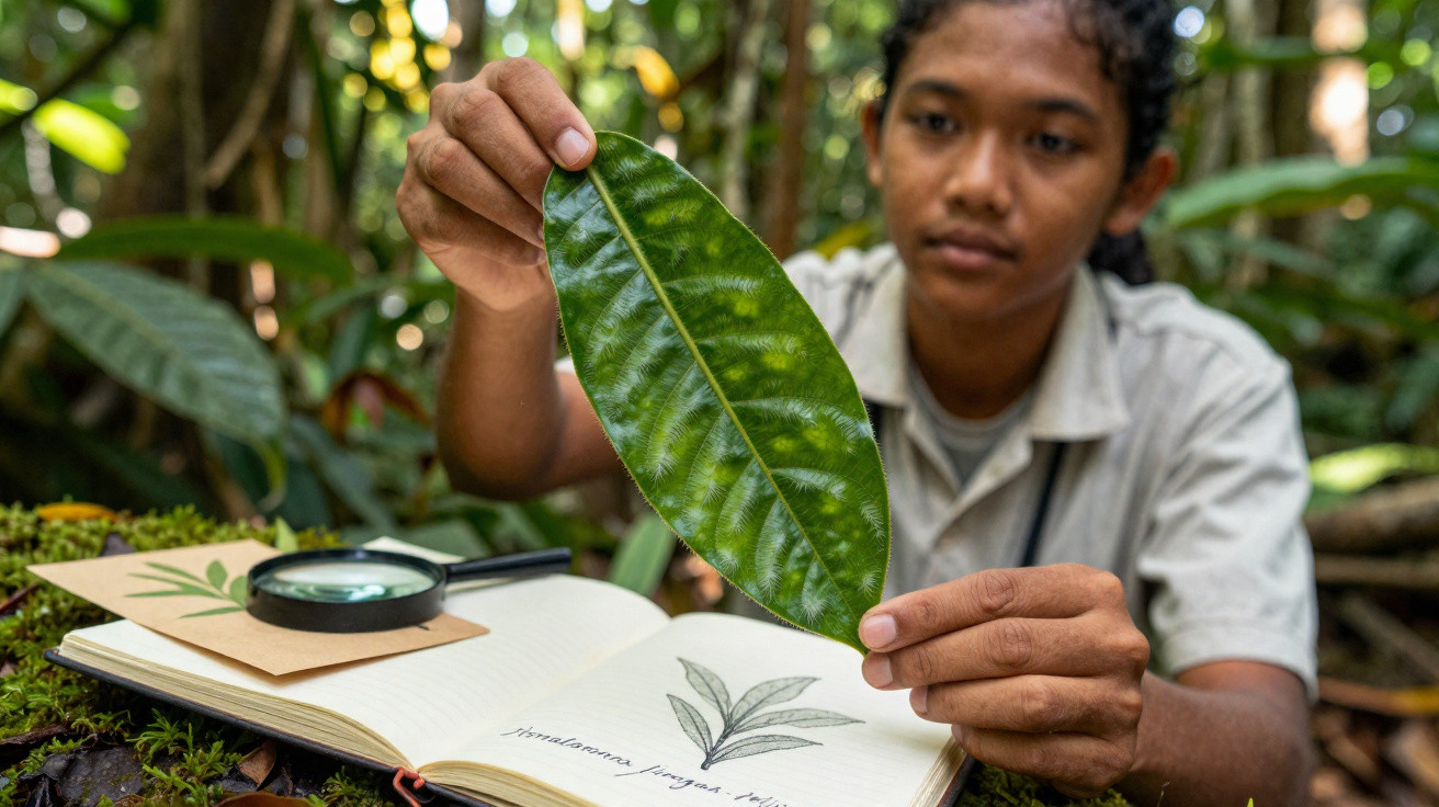 Jovem estudando uma folha na floresta, comparando com ilustração botânica em livro aberto.