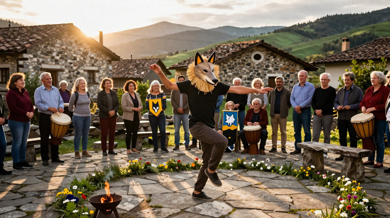 Pessoa com máscara de lobo dança em círculo decorado com flores e fogo, cercada por grupo tocando tambores ao pôr do sol.