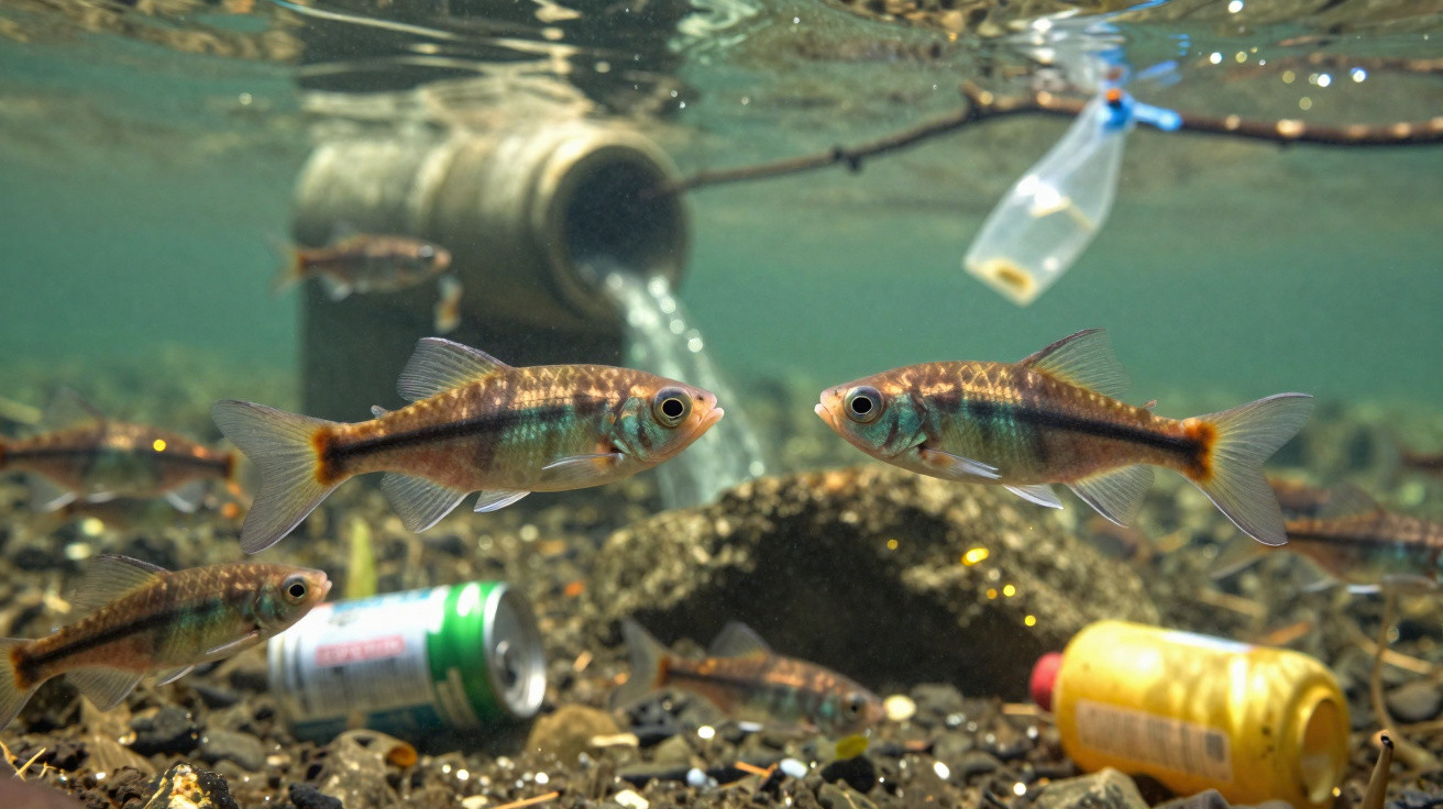 Peixes nadando em rio poluído com lixo plástico e lata no fundo do leito aquático.