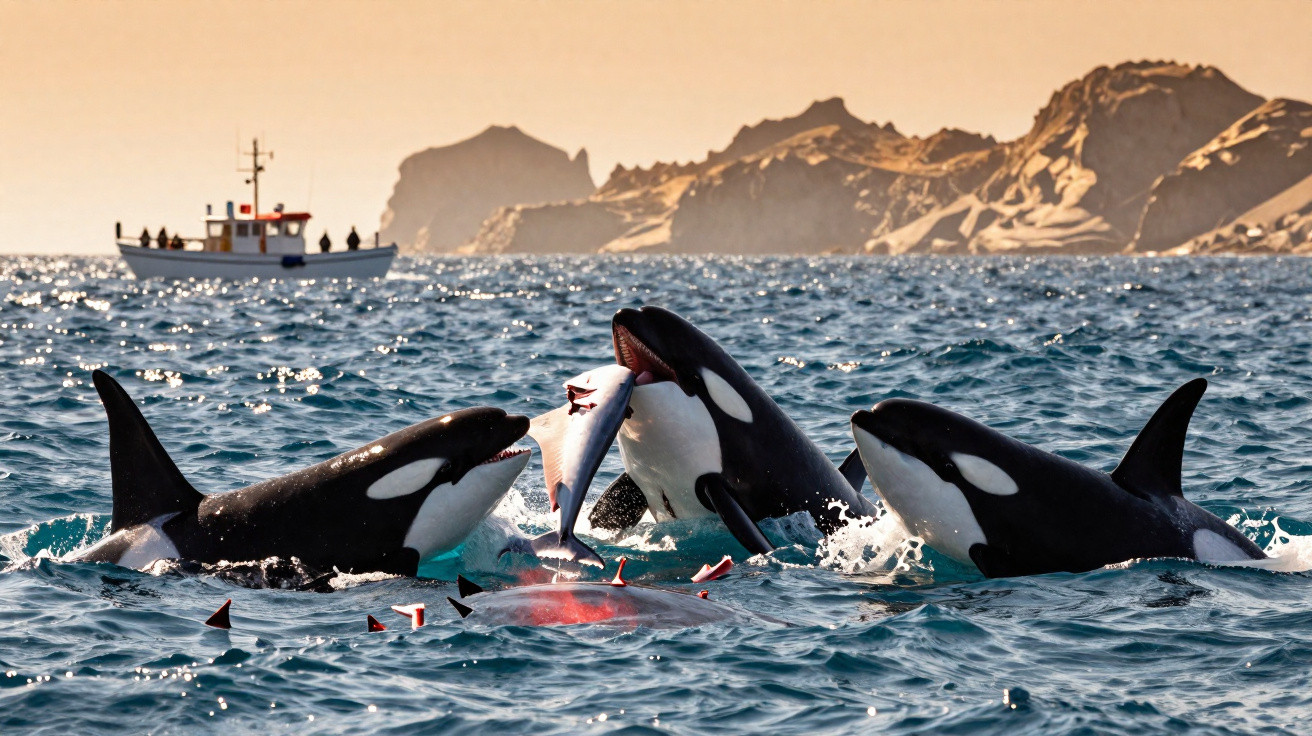 Orcas caçando uma presa no mar com barco e montanhas ao fundo ao pôr do sol.