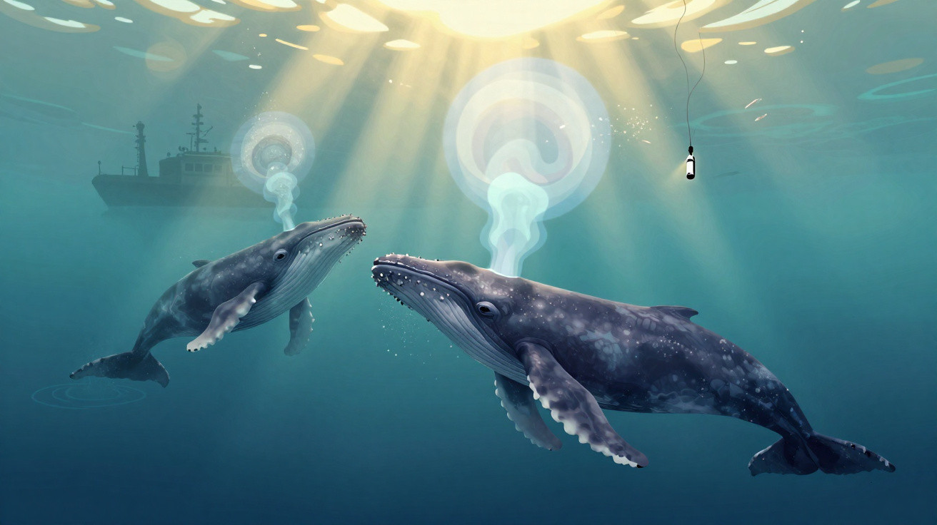 Duas baleias em águas profundas liberando bolhas com luz solar entrando pela superfície do mar.