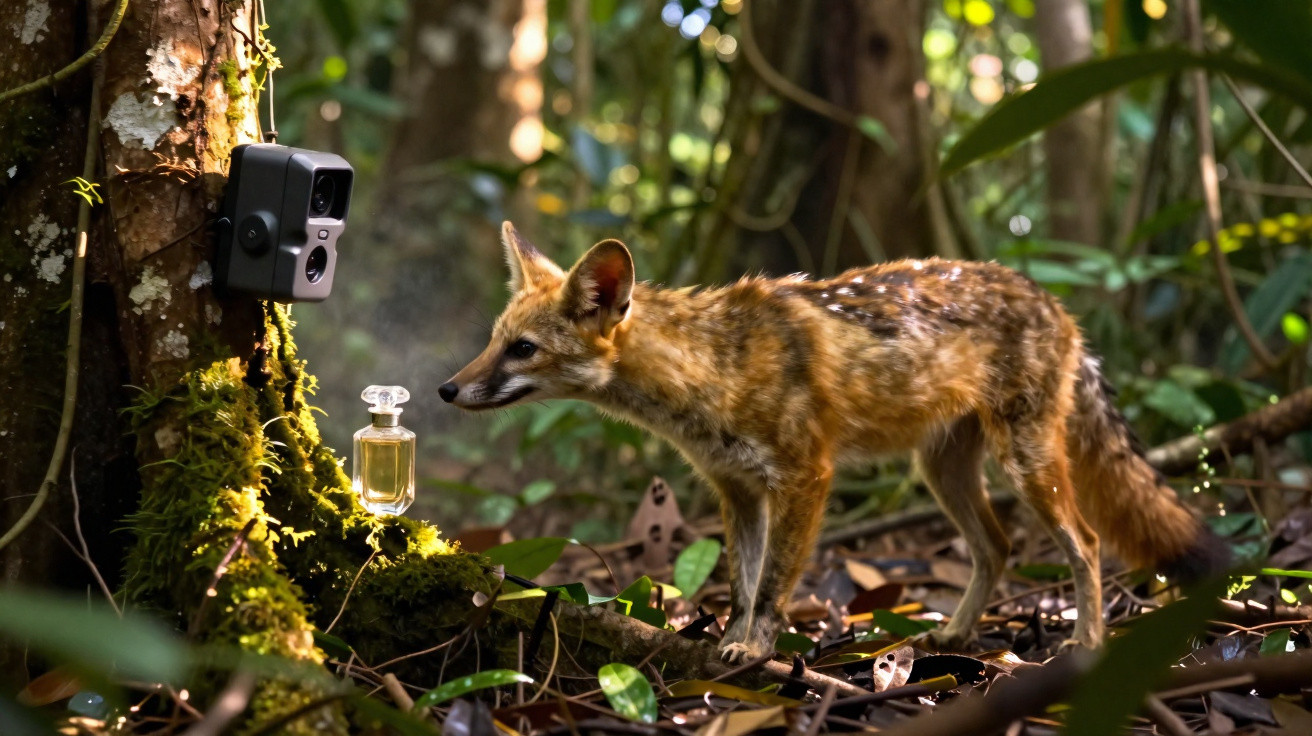 Raposa curiosa cheirando frasco suspenso perto de câmera de monitoramento em floresta verdejante.