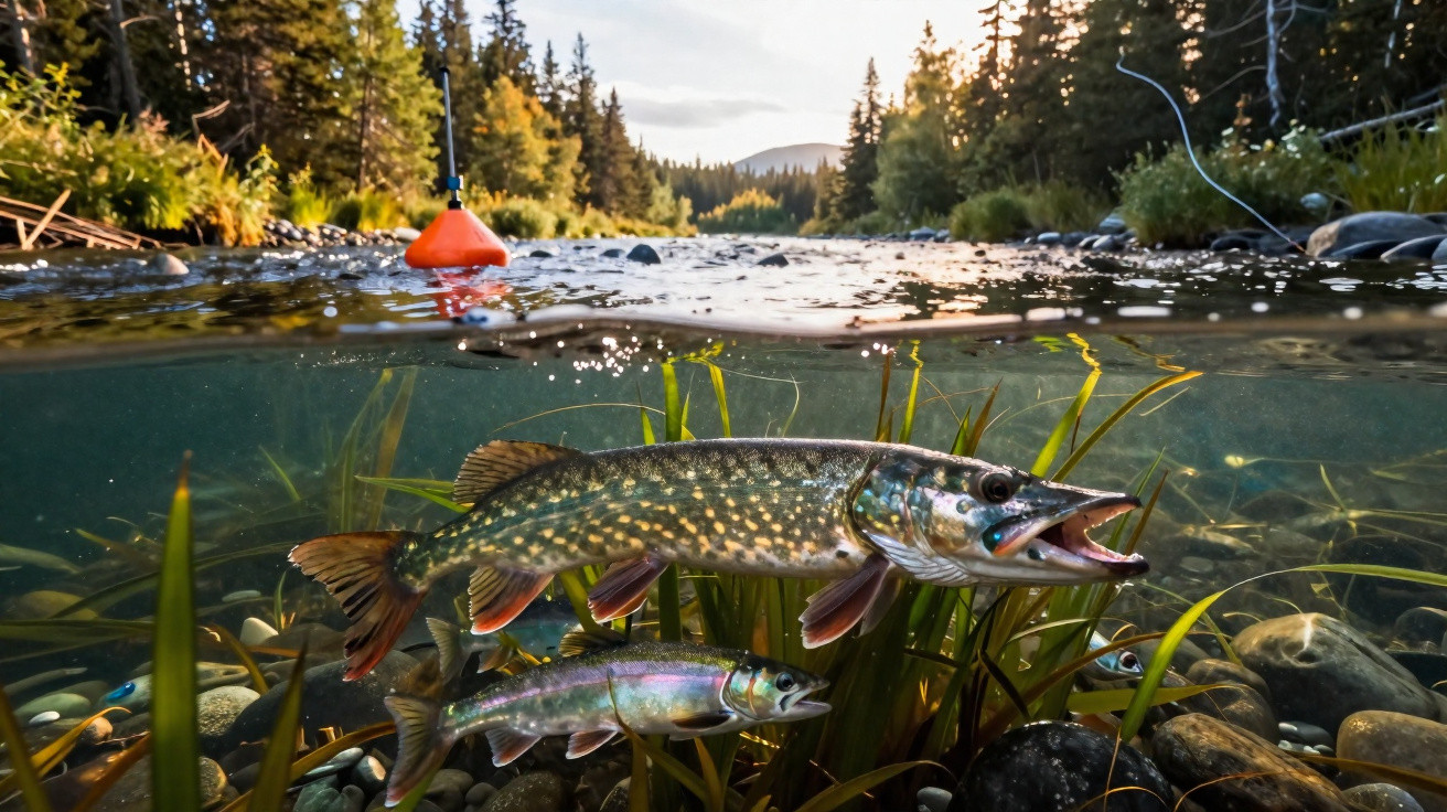 Peixes nadando em rio com vegetação subaquática e boia de pesca na superfície ensolarada cercada por árvores.