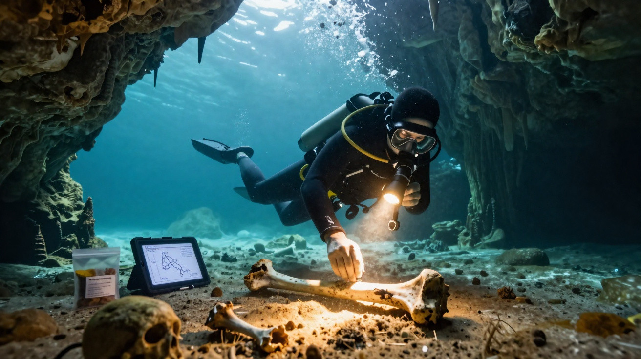 Mergulhador explorando ossos humanos em caverna subaquática iluminada por lanterna.