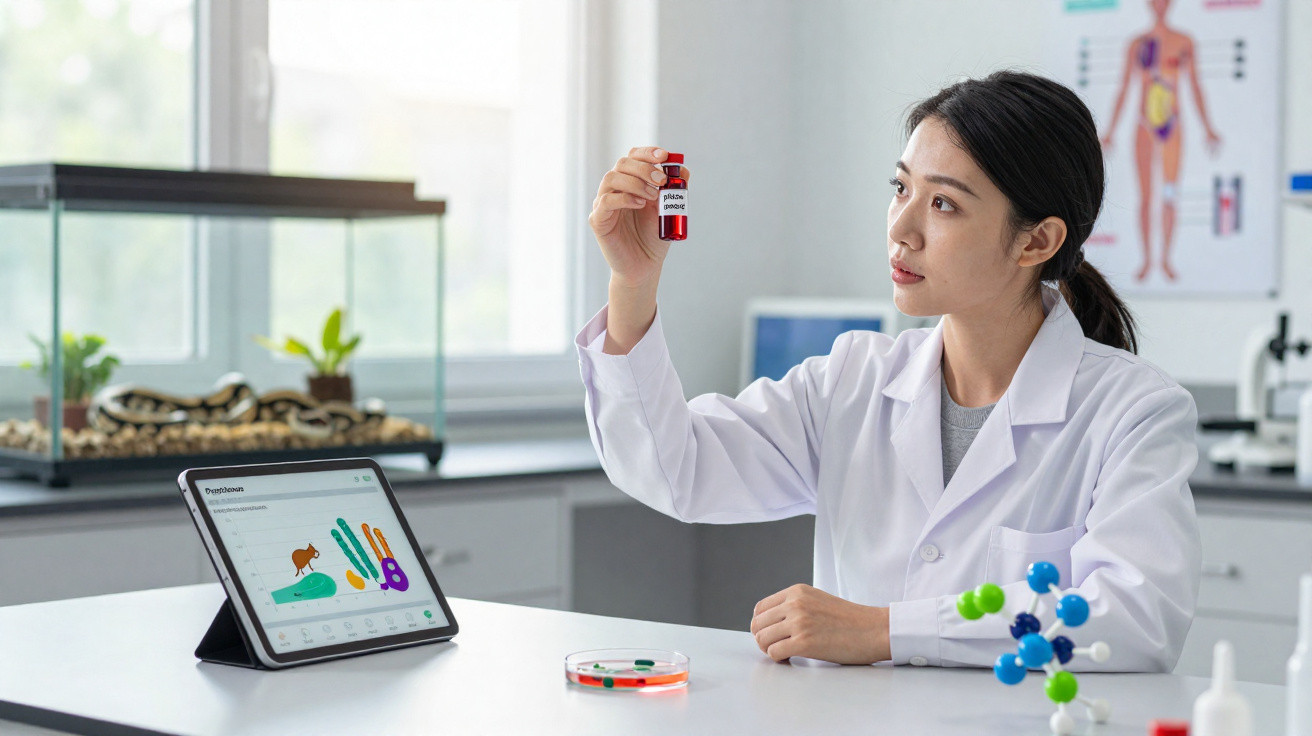 Mulher cientista em laboratório segurando frasco com bactéria, analisando amostra em mesa com tablet e modelo molecular.