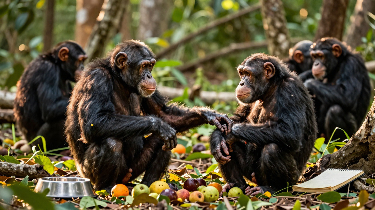 Quatro chimpanzés sentados no chão entre frutas e cadernos em uma área arborizada.