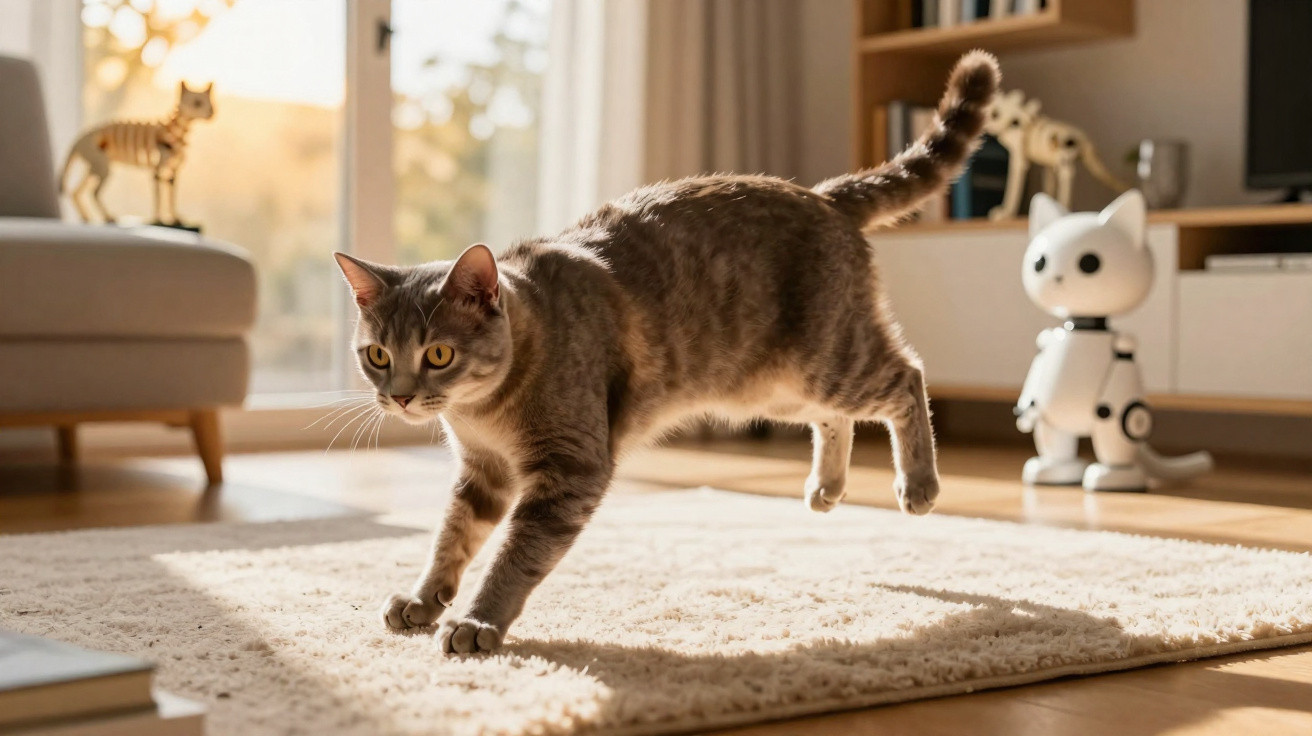 Gato cinza com olhos amarelos andando em tapete claro em sala com bonecos de gato ao fundo.