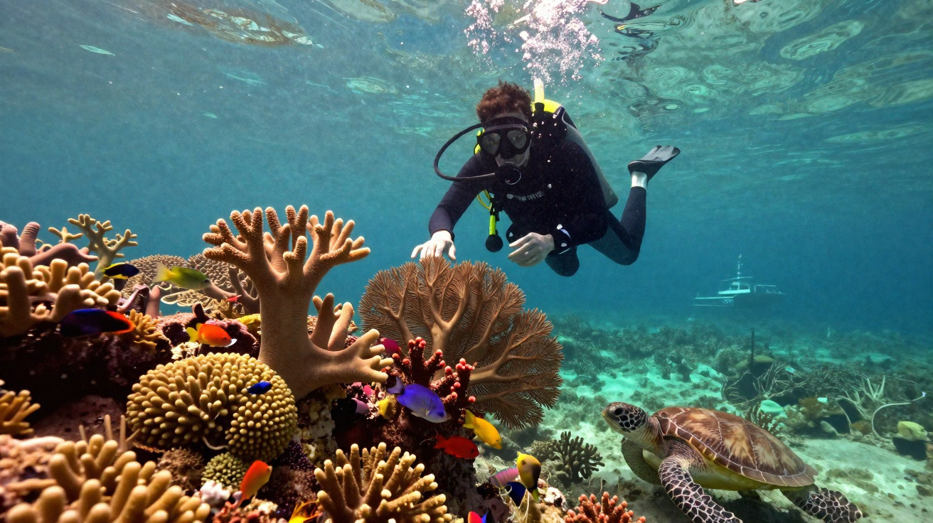 Mergulhador explorando recife de corais coloridos com tartaruga marinha e peixes tropicais no oceano.