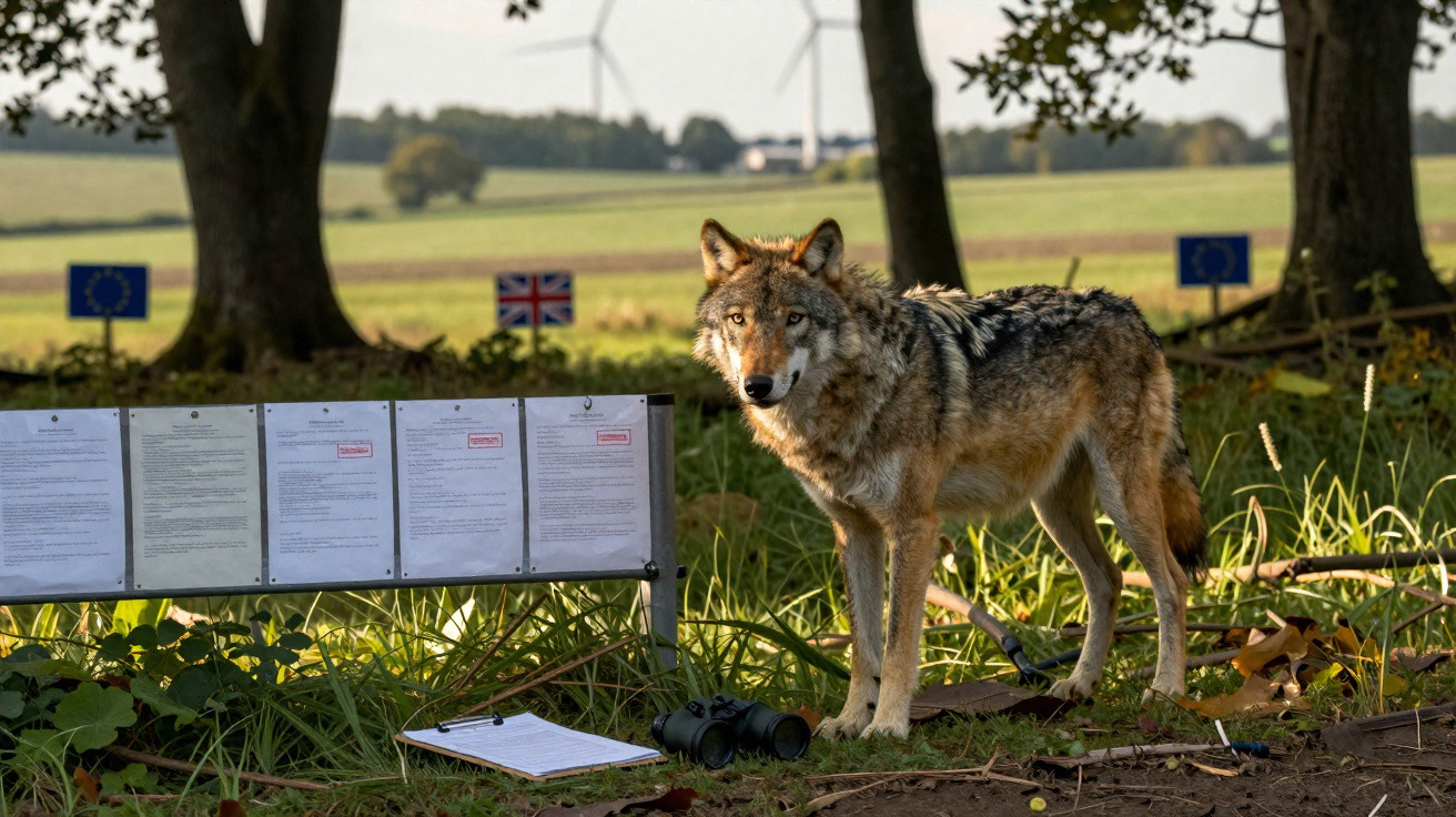 Lobo parado em área gramada próxima a placas com documentos e bandeiras da União Europeia e Reino Unido ao fundo.