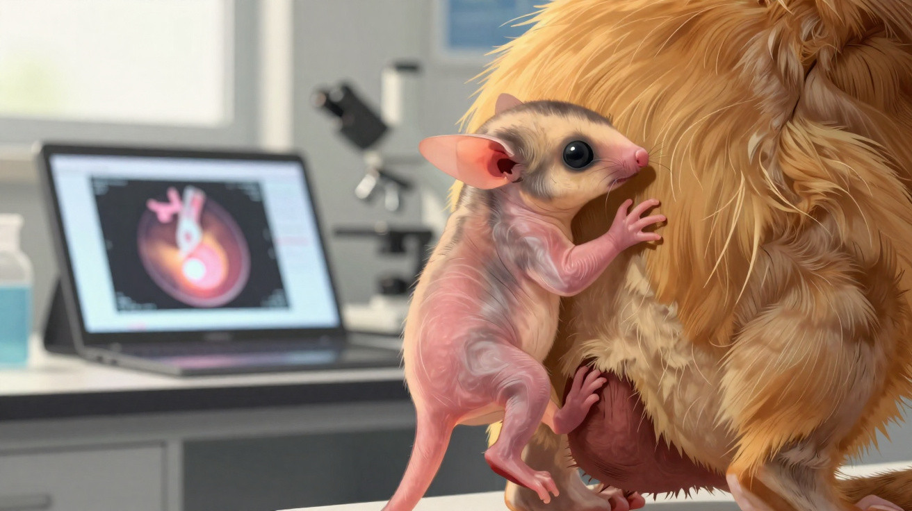Filhote de gambá agarrado à mãe peluda em laboratório com computador e microscópio ao fundo.