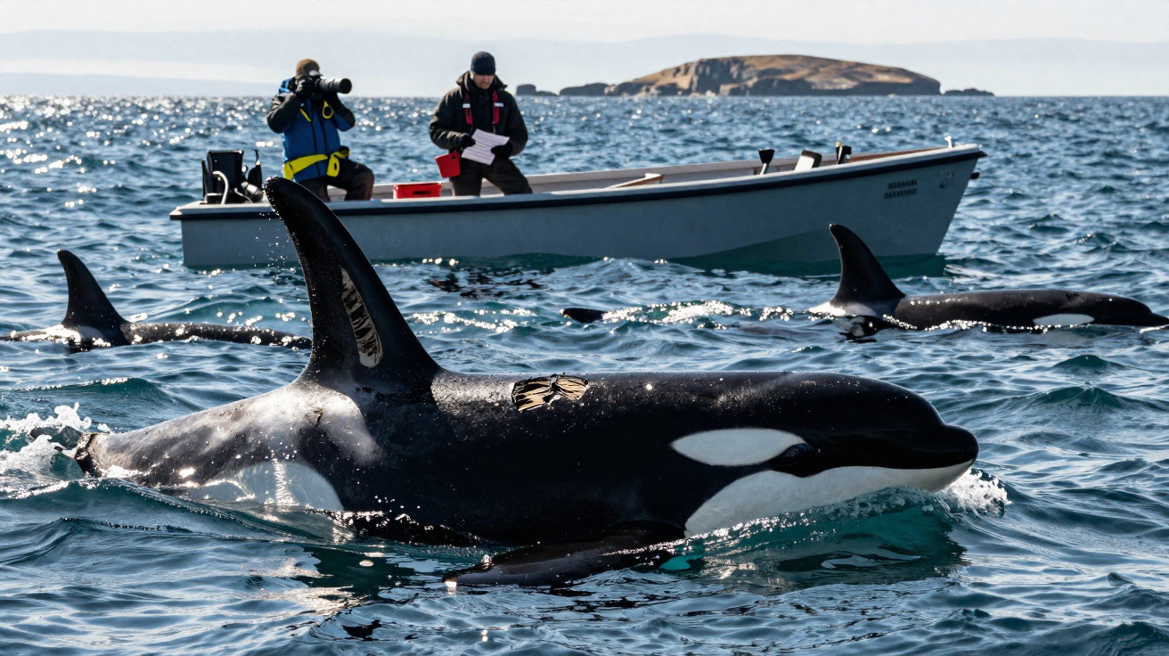 Orcas nadando próximas a um barco com duas pessoas observando e registrando dados no mar.