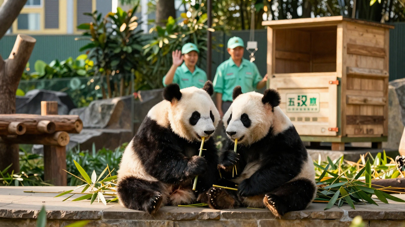 Dois pandas gigantes sentados comendo bambu em ambiente de zoológico com cuidadores ao fundo.