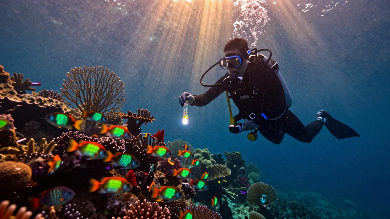 Mergulhador com equipamento explorando recife de coral e cardume de peixes coloridos sob luz do sol.