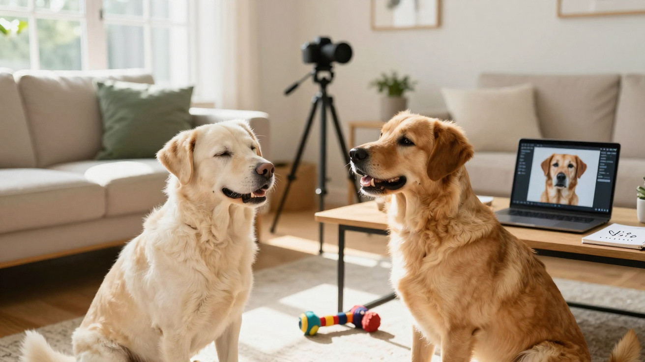 Dois cães Golden Retriever sentados em uma sala iluminada com sofá, mesa e laptop ao fundo.
