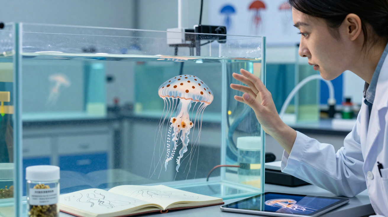 Mulher cientista observa água-viva em aquário em laboratório com livro e tablet ao lado.