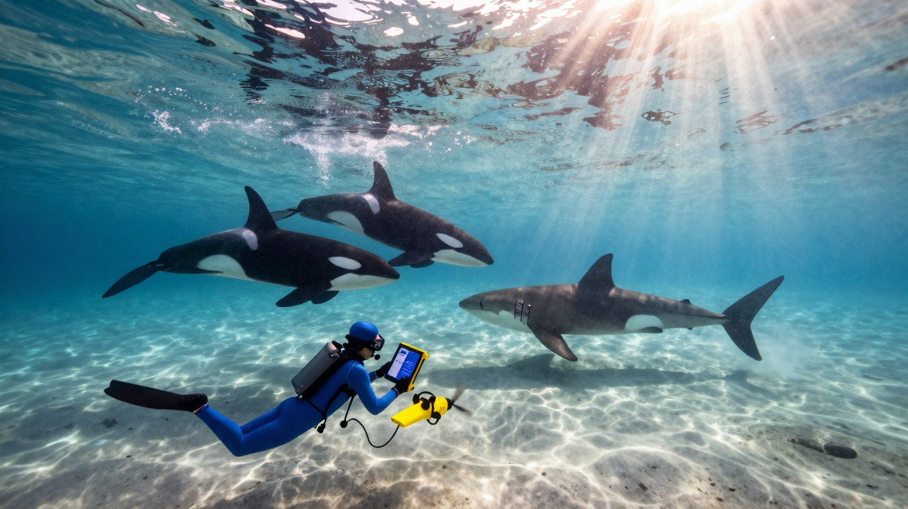 Mergulhador com equipamento de filmagem subaquática próximo a duas orcas e um tubarão em água clara.