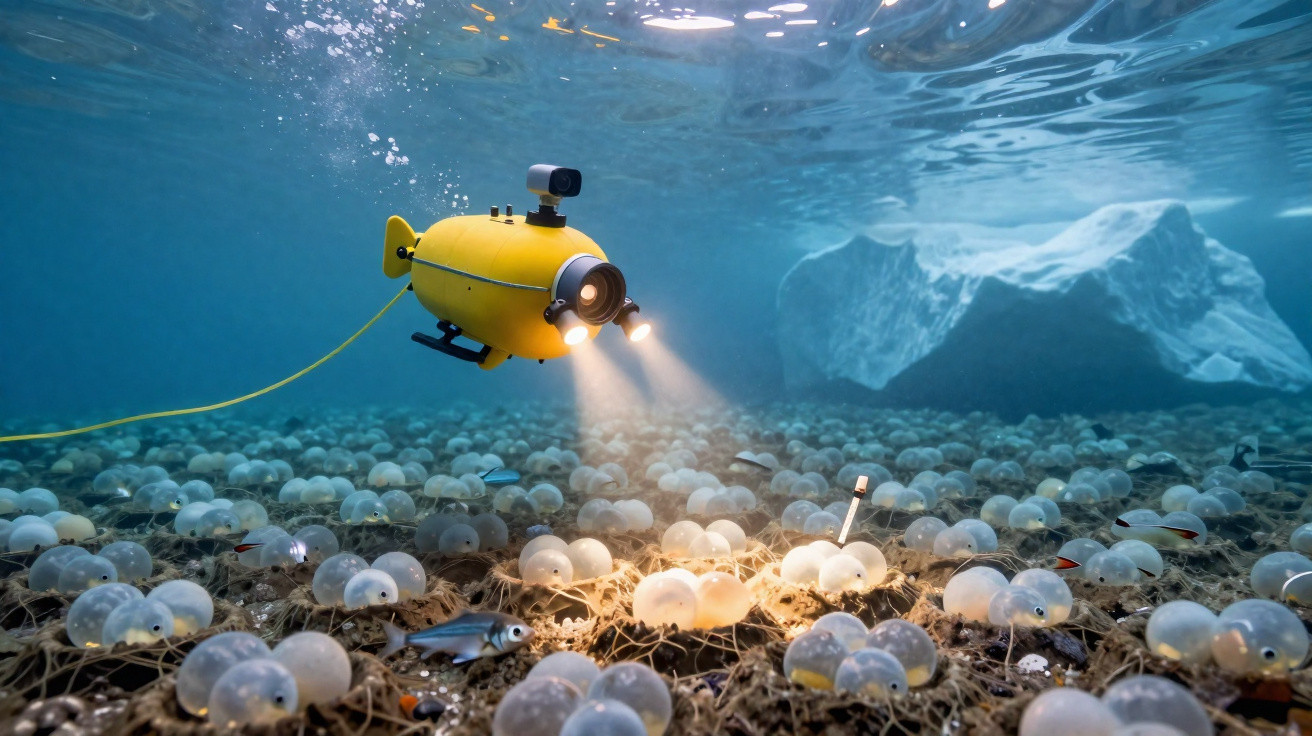 Veículo submarino amarelo com luzes explorando fundo do mar com muitas esferas transparentes.