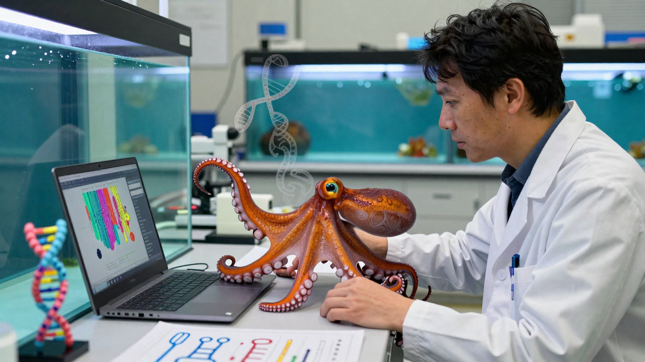 Pesquisador em laboratório analisa polvo e gráfico de DNA em laptop e mesa.
