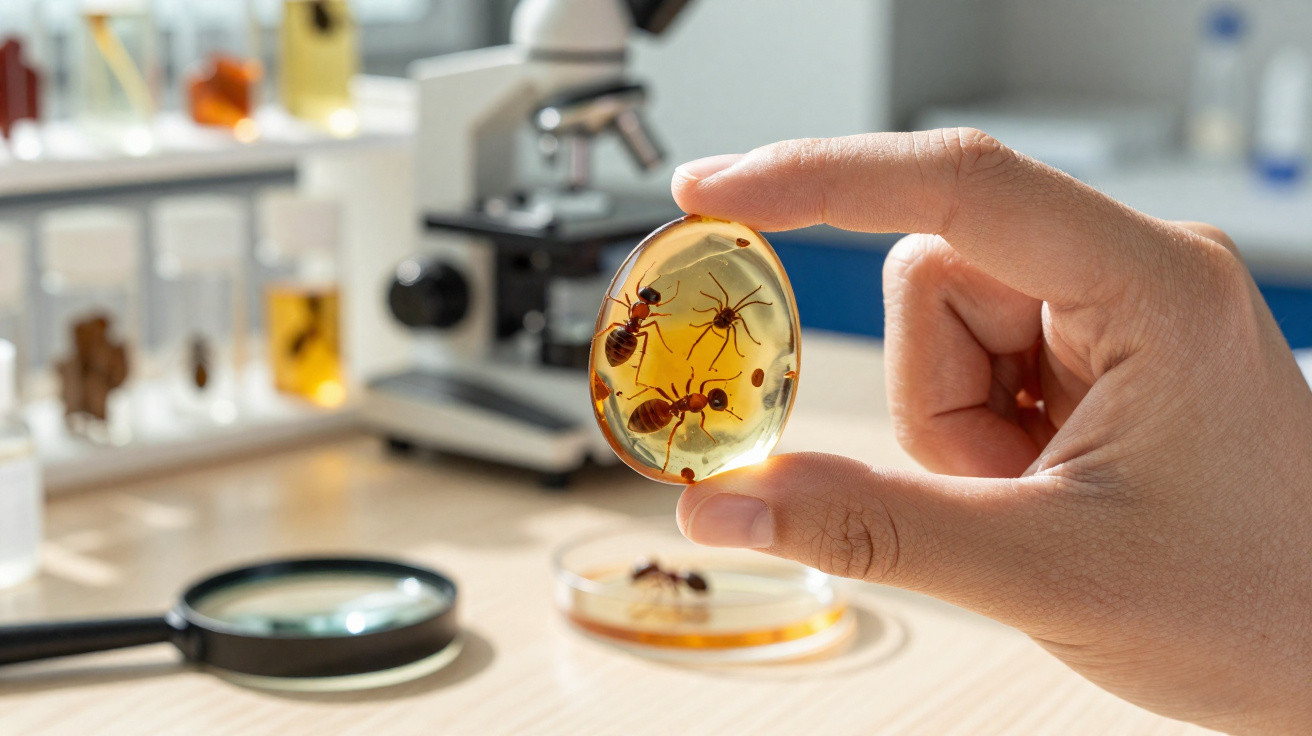 Mão segurando amostra de resina com insetos preservados, microscópio e lupa ao fundo em bancada de laboratório.