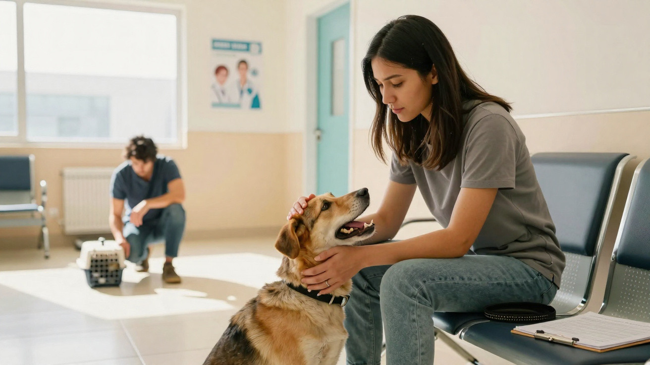 Mulher acariciando cachorro em sala de espera de clínica veterinária, homem ao fundo com caixa de transporte.