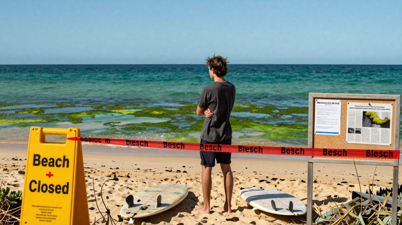 Homem de costas observa praia bloqueada com fitas vermelhas, placas de aviso e pranchas no chão.