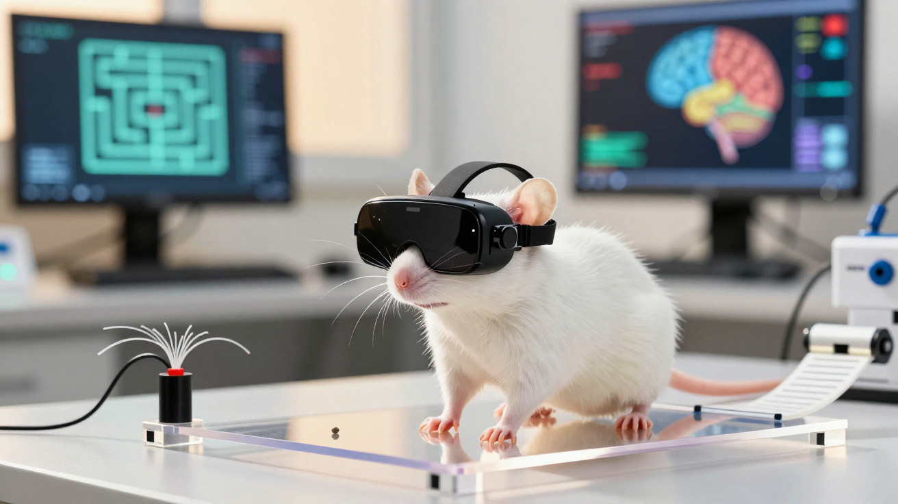 Rato branco usando óculos de realidade virtual sobre mesa de laboratório com tela de cérebro ao fundo.