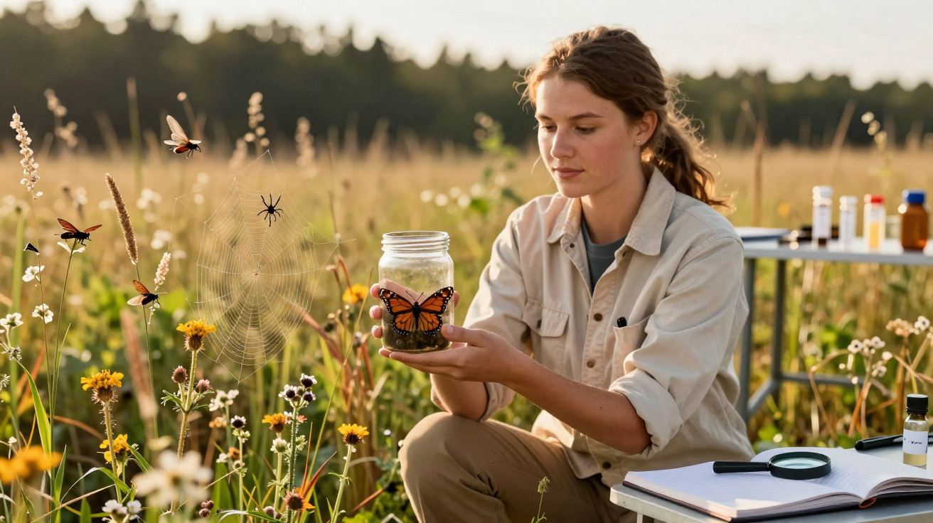 Jovem cientista segurando um pote com borboleta em campo com flores, insetos e mesa de pesquisa ao fundo.