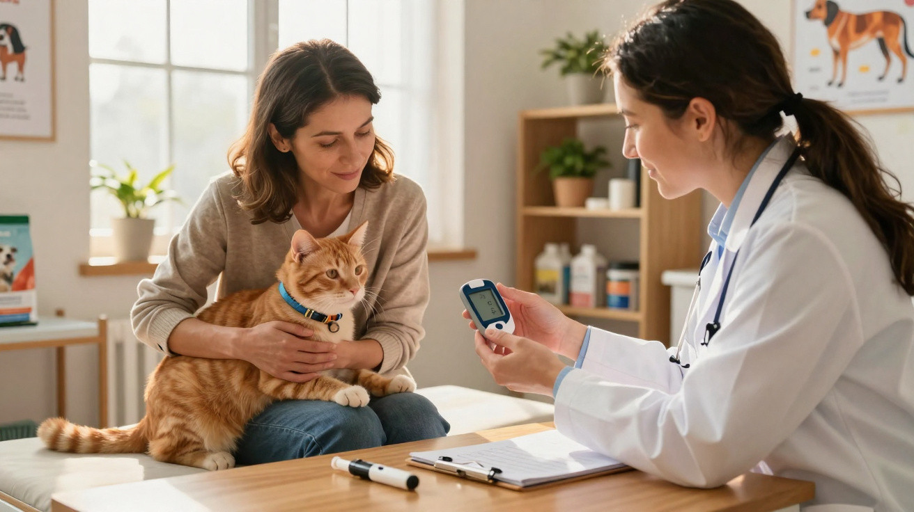 Veterinária mostrando aparelho para medir glicose a mulher com gato laranja no colo em clínica.