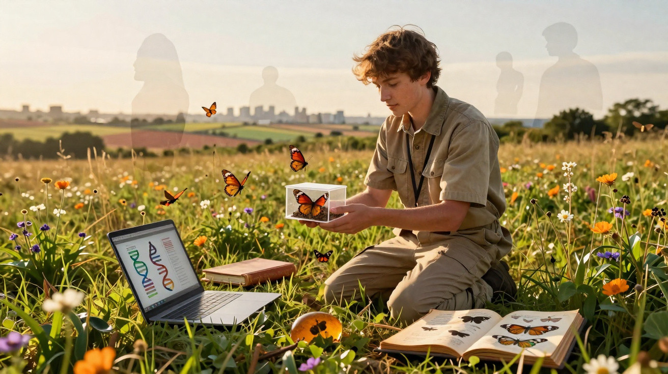Jovem estudando borboletas em campo florido com laptop, livro aberto e borboletas voando ao redor.