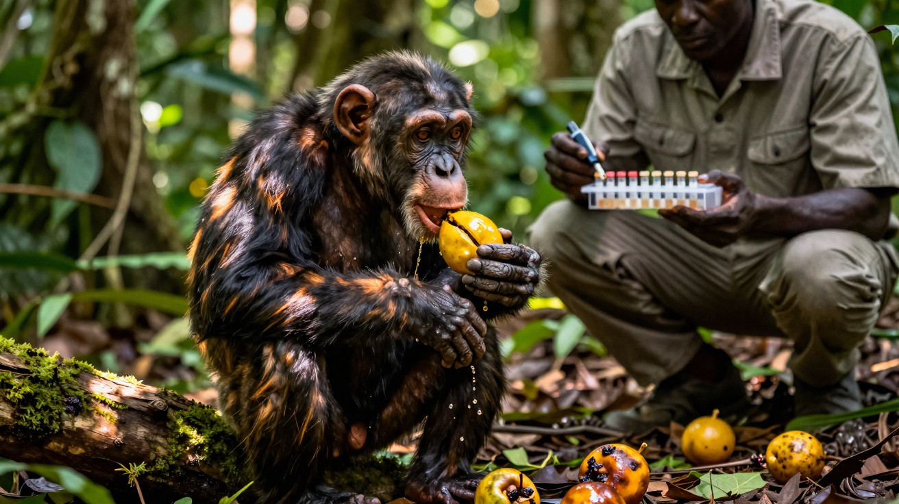 Chimpanzé comendo fruta enquanto homem segura tubos de ensaio em floresta.