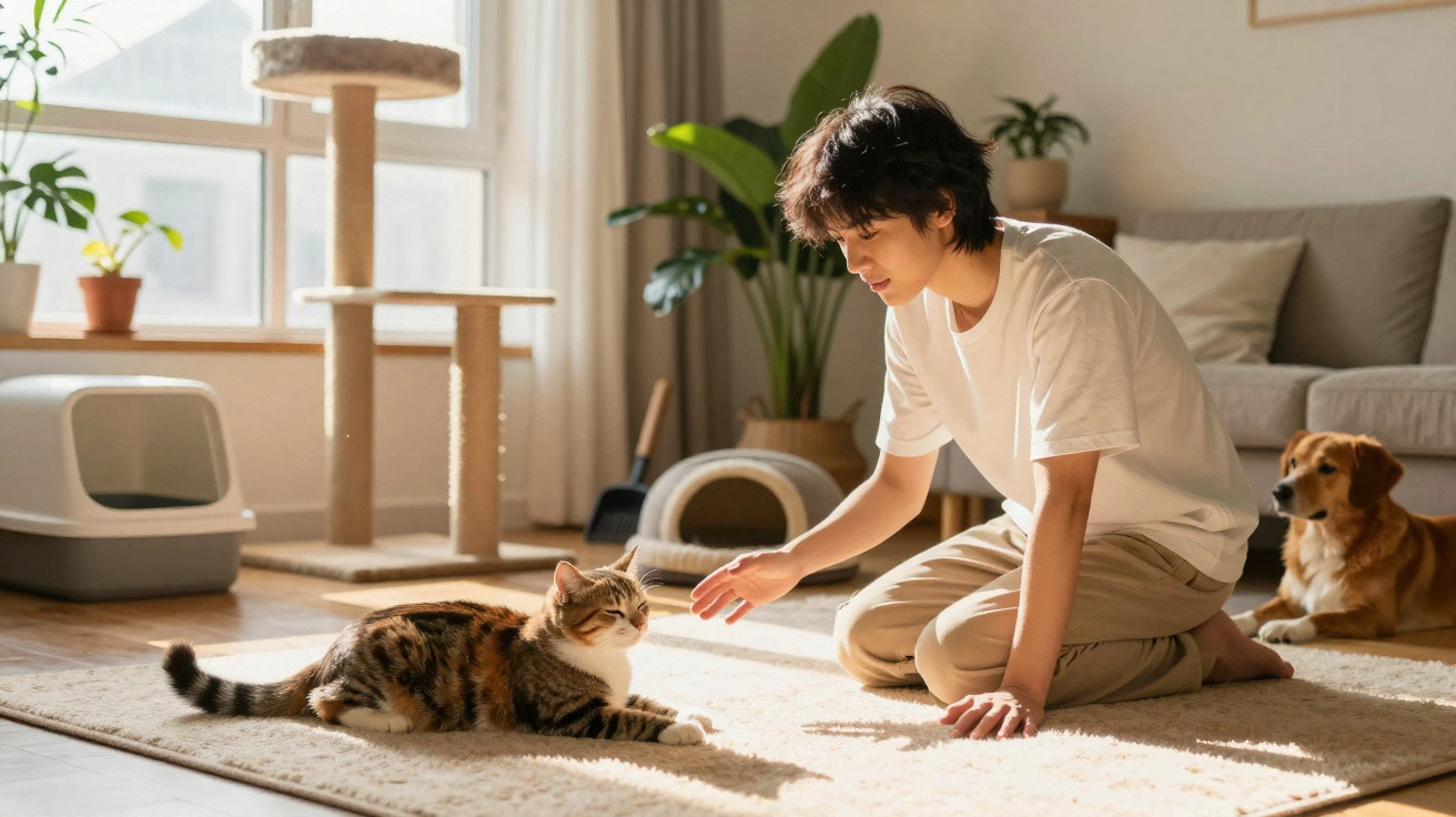 Pessoa ajoelhada acaricia gato enquanto cachorro observa em sala iluminada pelo sol.