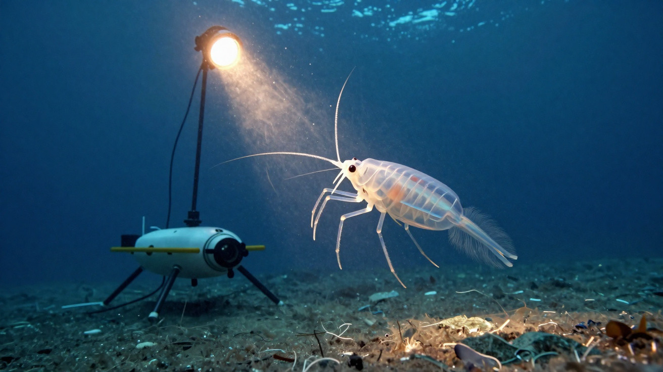 Robô subaquático iluminando um pequeno crustáceo transparente no fundo do mar.