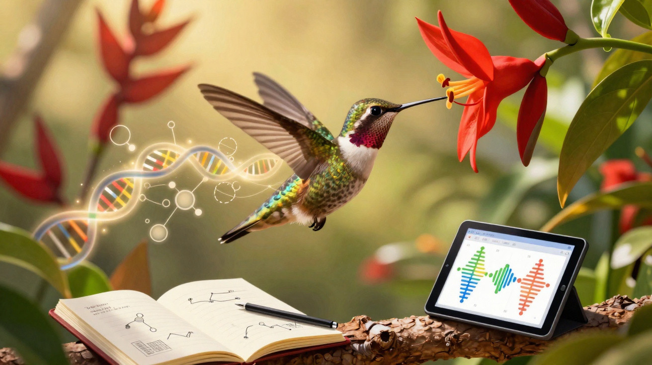 Beija-flor pairando perto de flor vermelha com DNA ilustrado, livro aberto e tablet em galho.