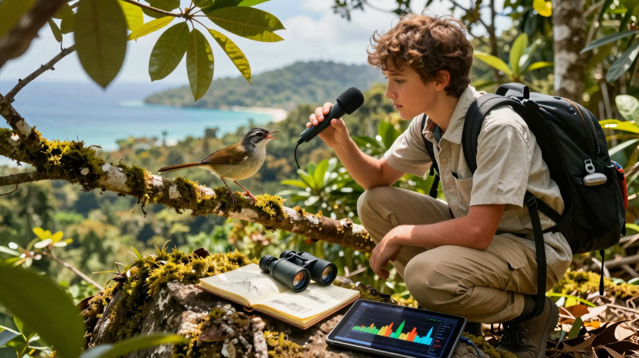 Criança com microfone observa pássaro em galho, com binóculos, livro e tablet à sua frente na floresta.