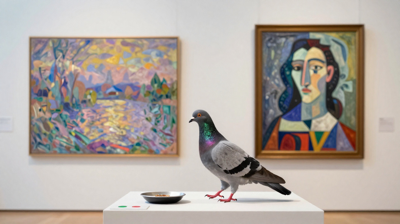 Pomba pousada em pedestal com prato de comida, em uma galeria de arte com pinturas abstratas na parede.