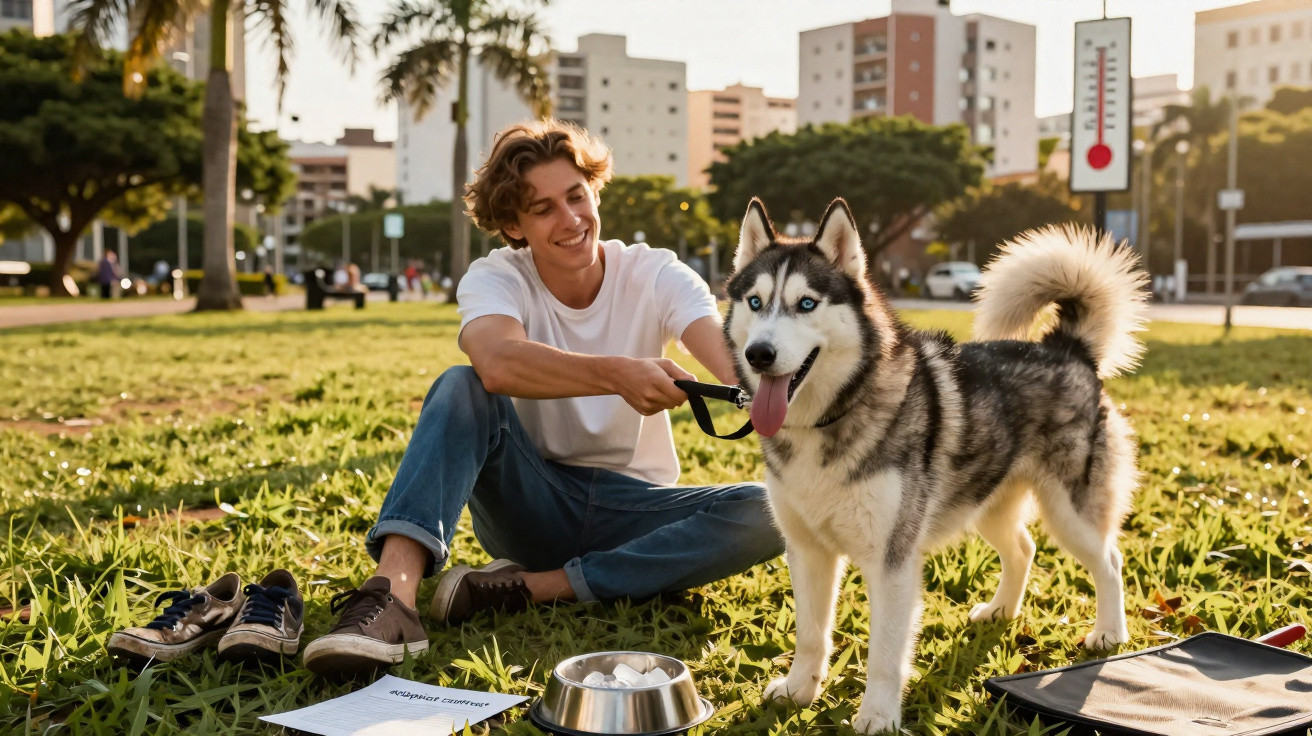 Jovem sentado na grama com cachorro husky em parque urbano, dia ensolarado.