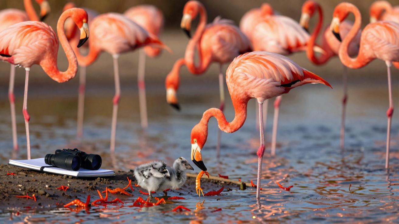 Grupo de flamingos cor-de-rosa com filhotes à beira da água em ambiente natural.