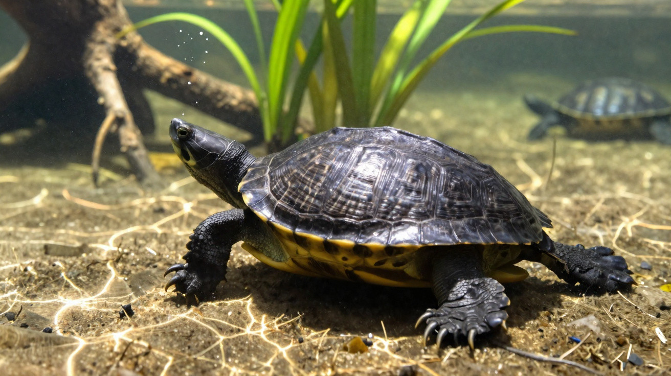 Tartaruga aquática submersa no fundo de um aquário com plantas verdes ao fundo.