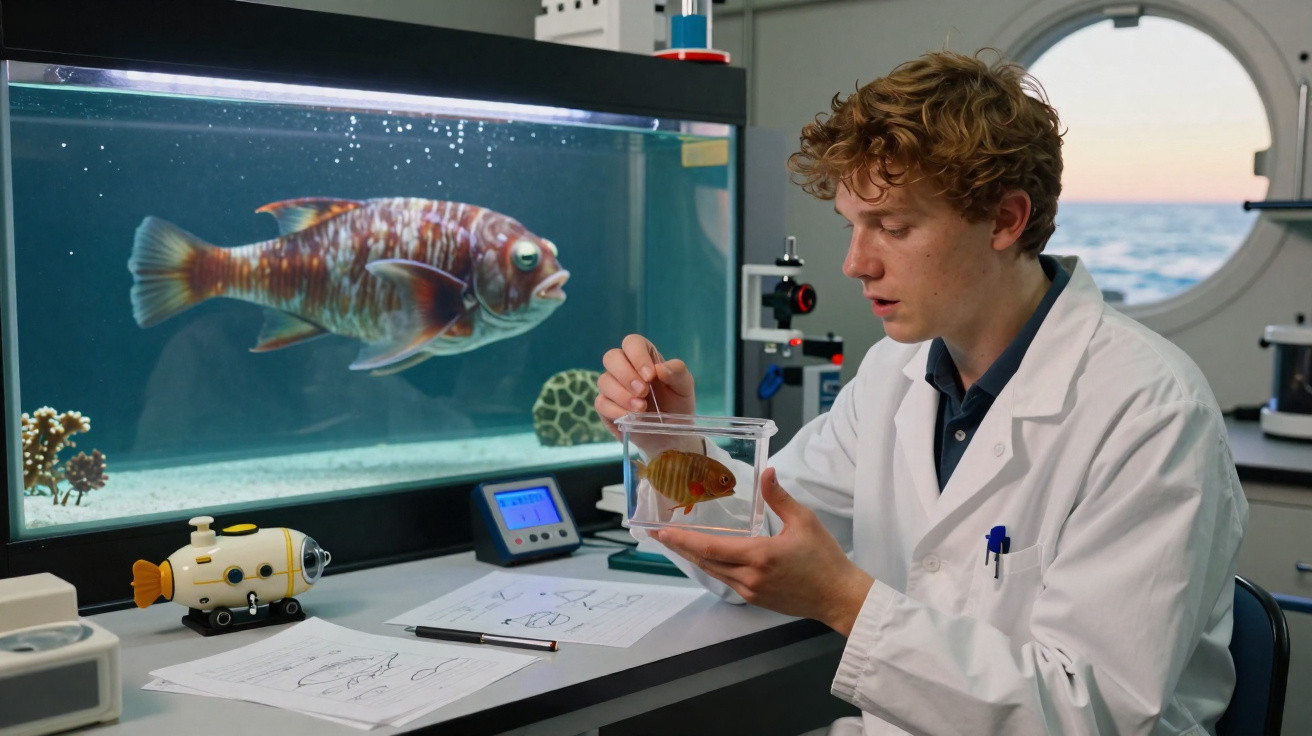 Jovem cientista em laboratório observa peixe em tanque grande e segura recipiente com peixe menor.
