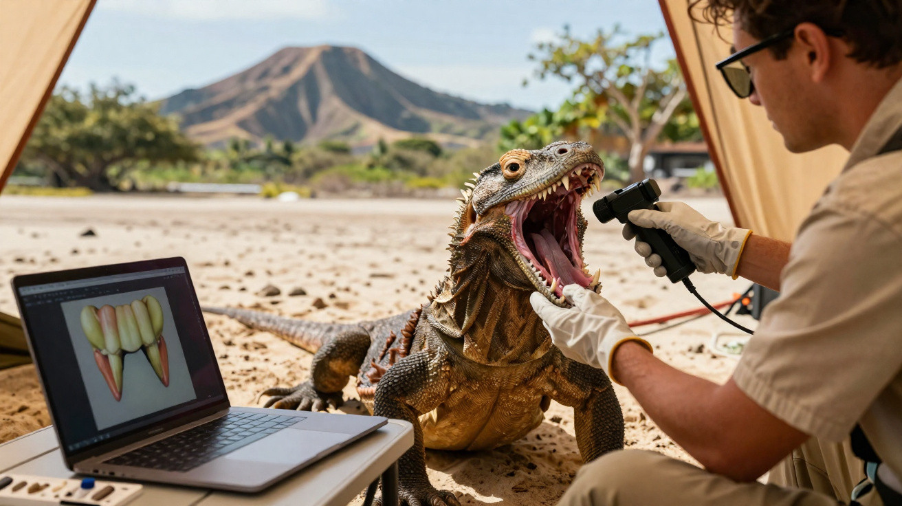 Pesquisador examina com equipamento bucal um réptil grande em área externa com laptop ao lado e montanha ao fundo.