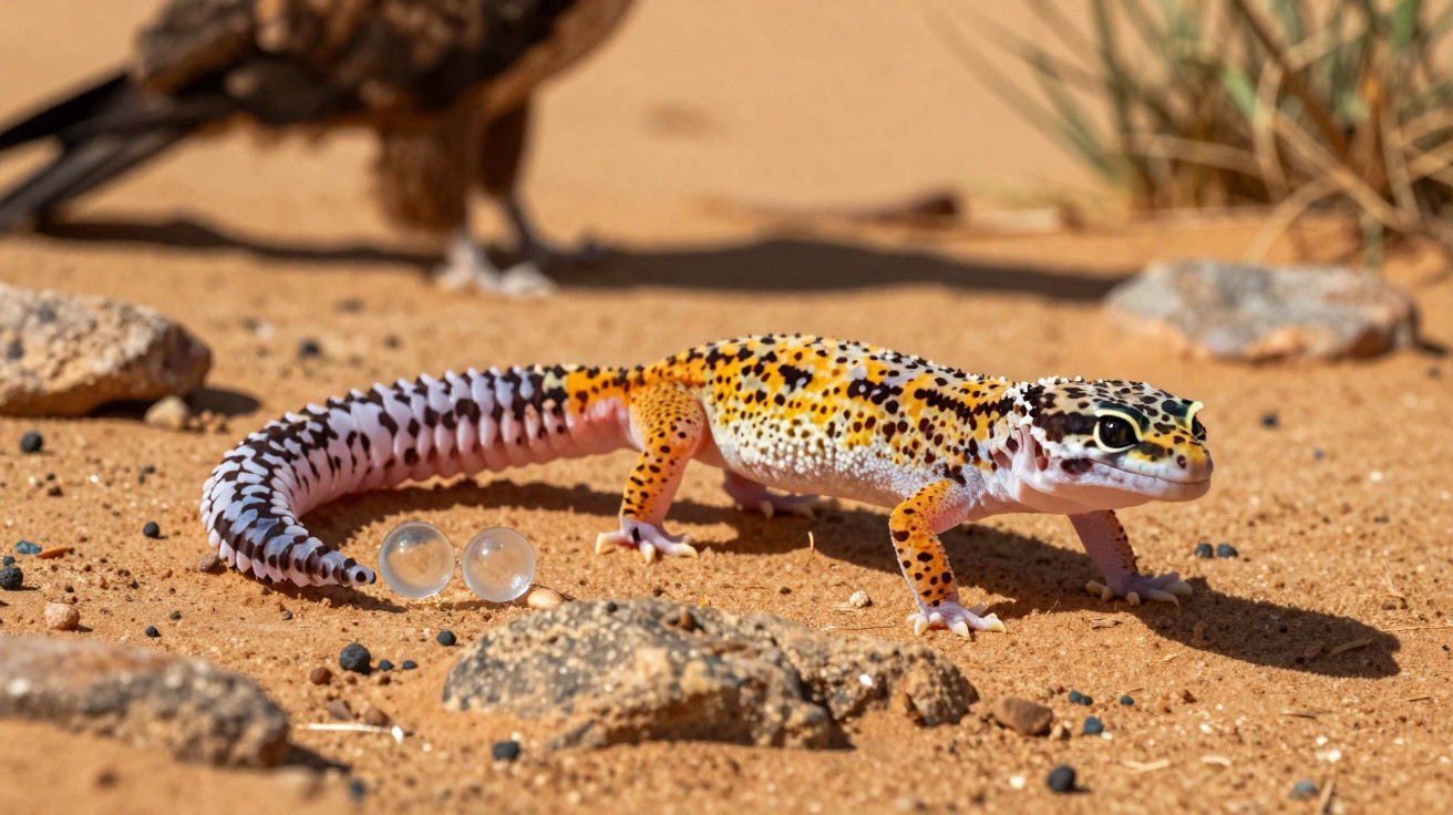 Lagarto colorido de cauda espiralada no solo arenoso com pedras pequenas ao redor.