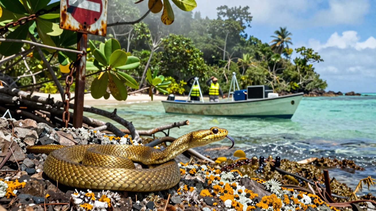 Cobra dourada enrolada em pedras com flores à beira-mar, barco ao fundo em dia ensolarado.